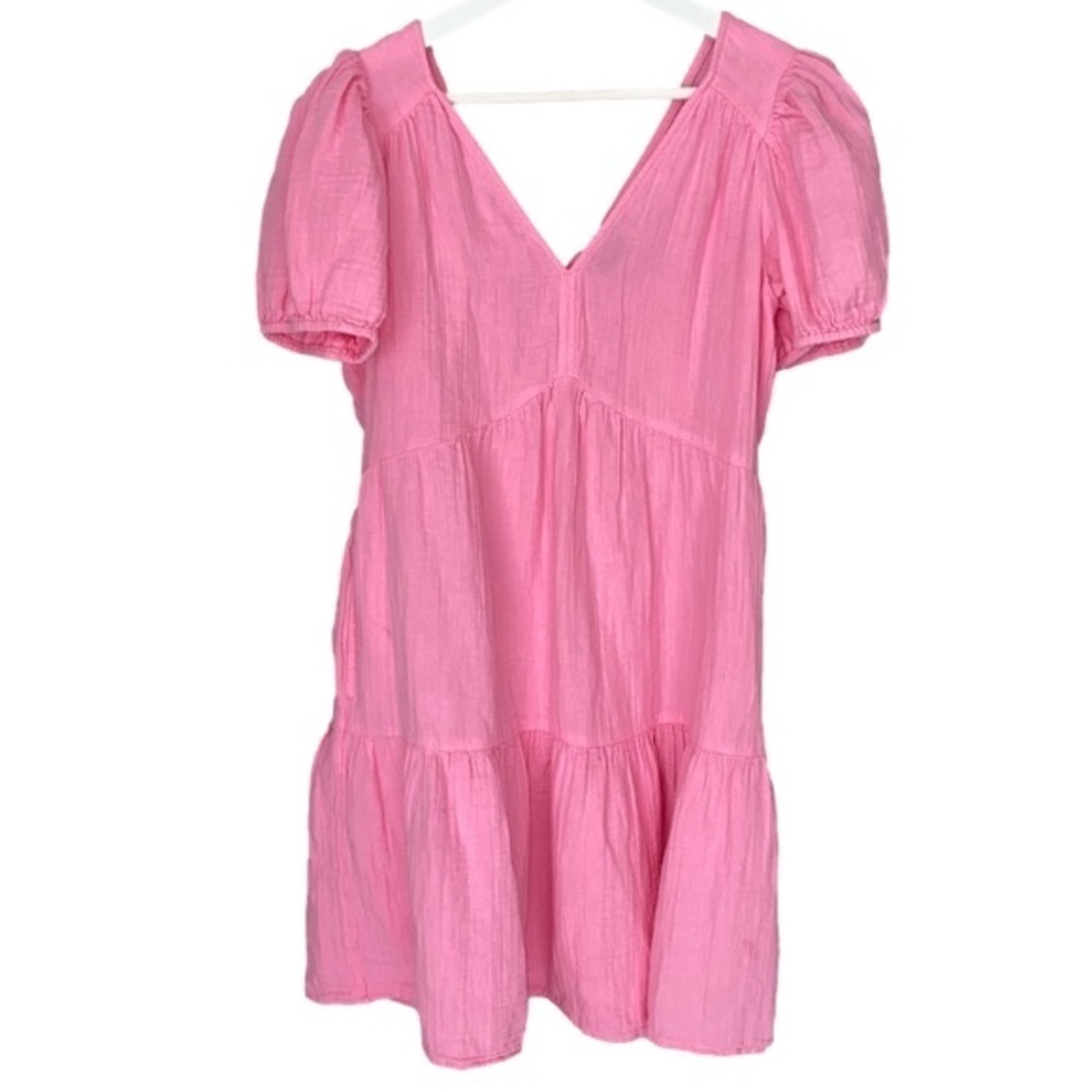 GAP Mini Dress Crinkle Gauze Puff Short Sleeve Tiered Pink Women Size S - Picture 2 of 12